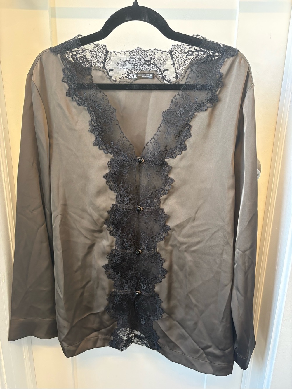 Zara Black Sheer Lace-Front Blouse